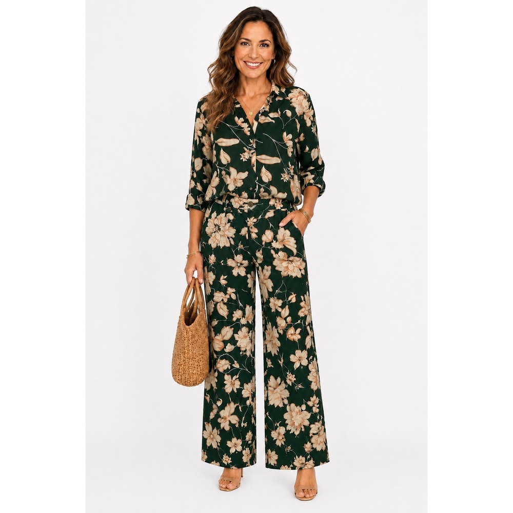 MNG 2 Piece Set M/L Green Floral Button Down Shirt & Wide Leg Cropped Cotton